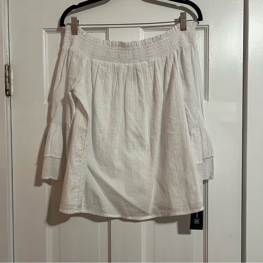 #182 INC Off the Shoulder White Sparkle Smocked Cotton Top Blouse Large NWT